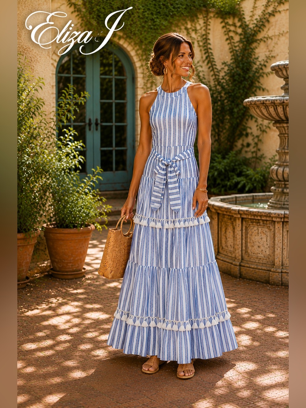 Eliza J,Blue White Striped Tassel Tiered Cotton Maxi Dress Belted Lined Size 6P